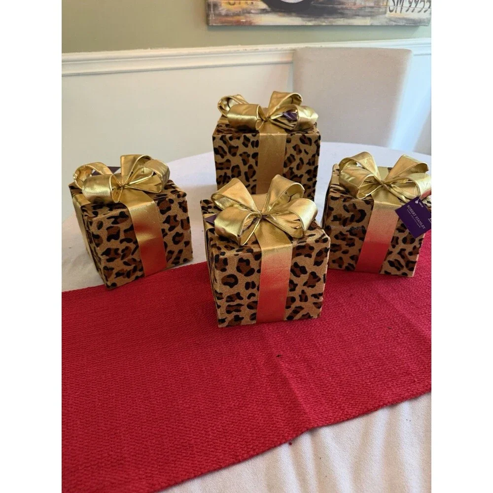 Robert Stanley Home Collection 4pc Leopard Print under tree Boxes w/ Gold Bows